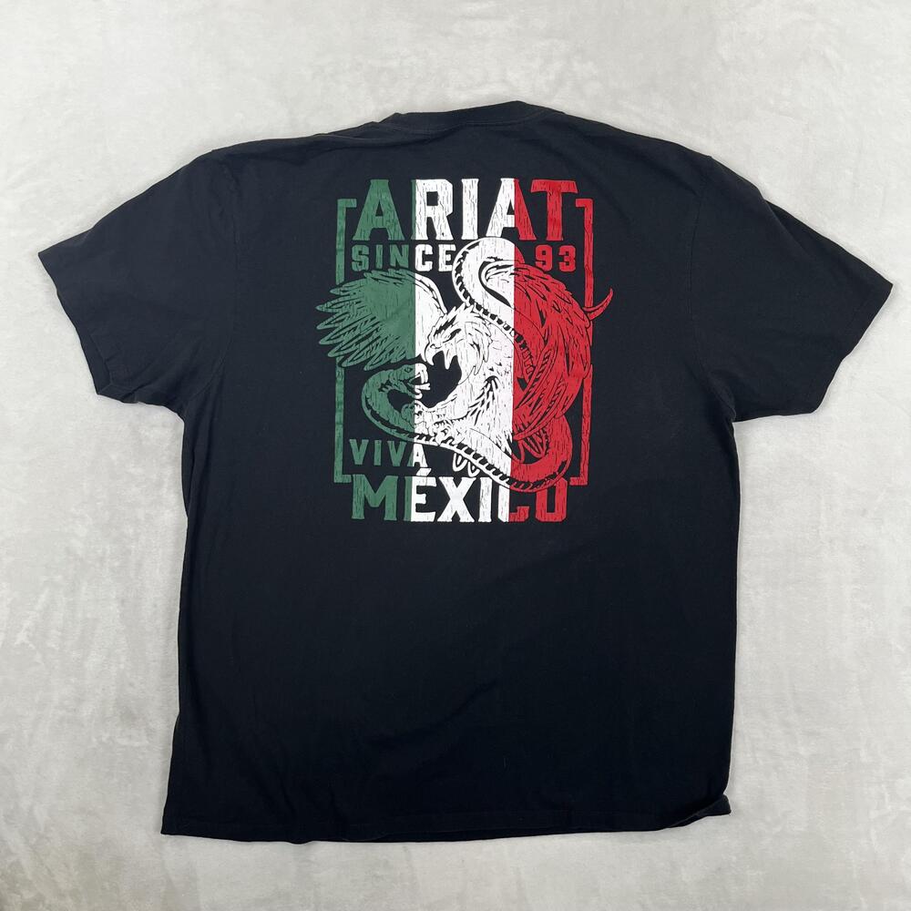Ariat T-Shirt Mens 2XL Black Viva Mexico Flag Buckle Graphic Logo Crew Tee